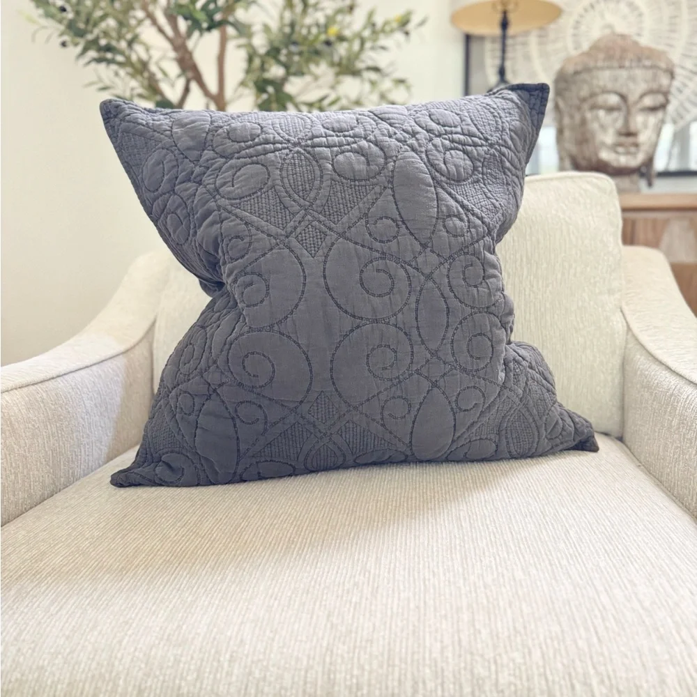 Pottery Barn Embroidered Quilted Decorative Sham Pillow - Charcoal Gray